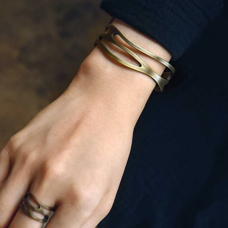 Buddha Stones Vintage Curved Copper Brass Wealth Adjustable Cuff Bracelet Bangle Bracelet Bangle BS 4