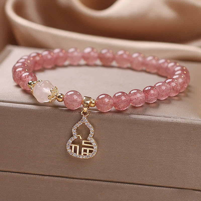 Buddha Stones Strawberry Quartz Gourd Fu Character Charm Positive Bracelet Bracelet BS 4