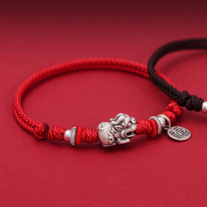 Buddha Stones 925 Sterling Silver PiXiu Fu Character Wealth Luck Handmade Braided Bracelet Bracelet BS 2