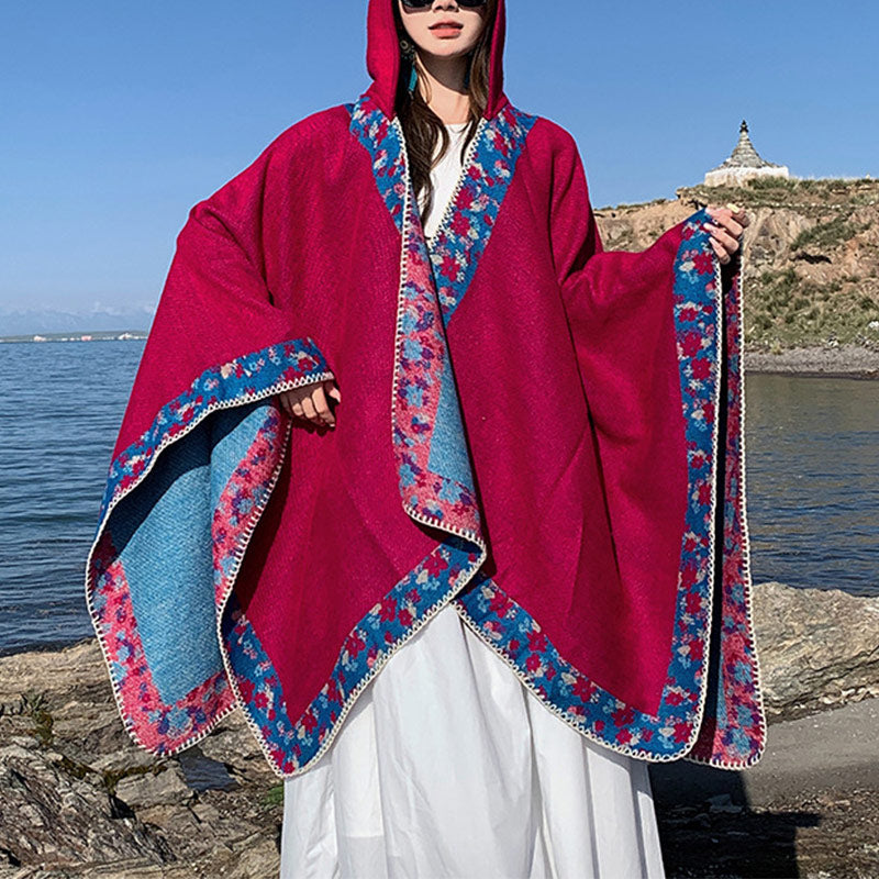 Buddha Stones Tibetan Shawl Border Small Floral Flower Hooded Cloak Winter Cozy Travel Scarf Wrap Tibetan Shawl BS Rose Red 150*130cm