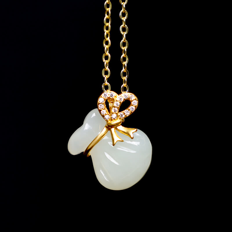 Buddha Stones Natural Hetian White Jade Luck Money Bag Necklace Pendant Necklaces & Pendants BS 7