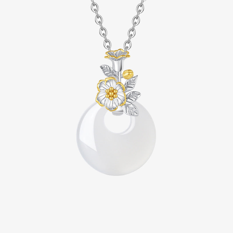 Buddha Stones 925 Sterling Silver Round Chalcedony Twelve Months Flower Harmony Necklace Pendant Necklaces & Pendants BS Pomegranate Blossom