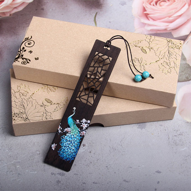Buddha Stones Blue Peacock Ebony Wood Bookmarks With Gift Box Bookmarks BS 2