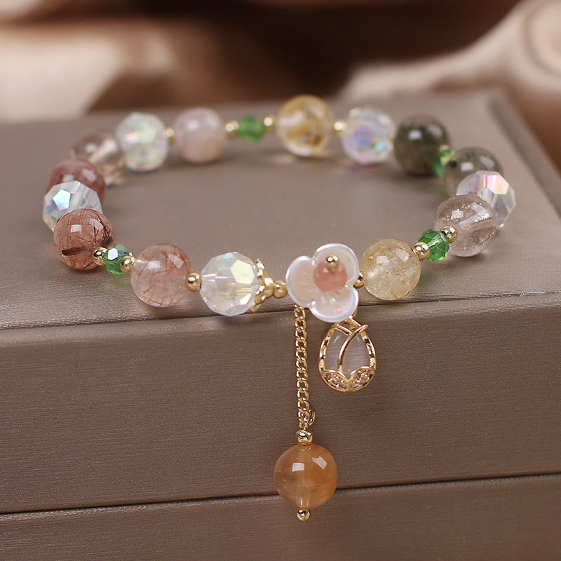 Buddha Stones Strawberry Quartz Rutilated Quartz Fluorite Flower Healing Bracelet Bracelet BS 16