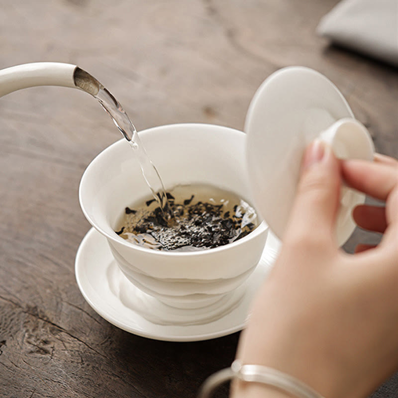 Buddha Stones Vintage Ink Painting Mountain White Porcelain Ceramic Gaiwan Sancai Teacup Kung Fu Tea Cup And Saucer With Lid Tea Utensil Teapot Cup BS 3