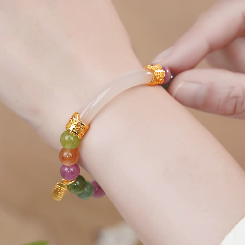 Buddha Stones Colorful Tourmaline Chalcedony Positive Fu Character Charm Bracelet Bracelet BS 2