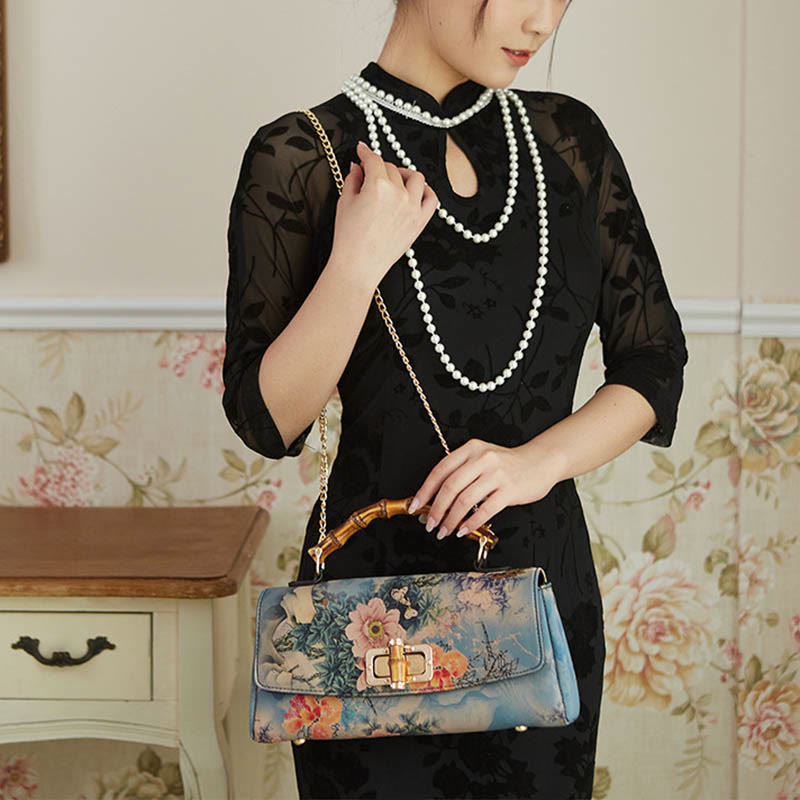 Buddha Stones Flower Pattern Bamboo Handle Metal Chain Crossbody Bag Handbags Crossbody Bag&Handbags BS 2