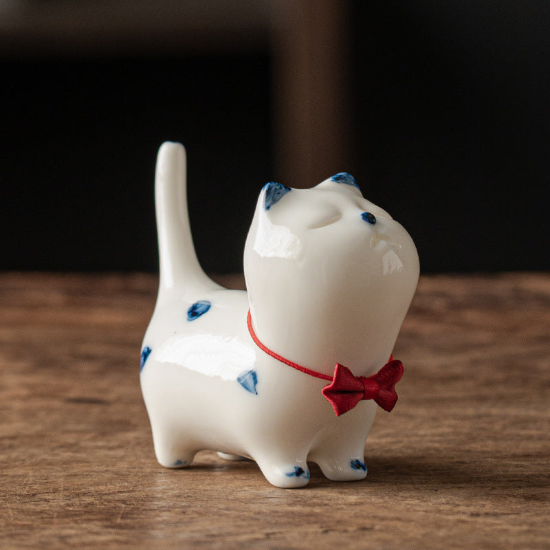 Buddha Stones Mini Lucky White Cat Kitten Tea Pet Ceramic Home Desk Figurine Decoration Decorations BS White Kitten(Red Bow Style) 8.9cm*3.7cm*7.6cm