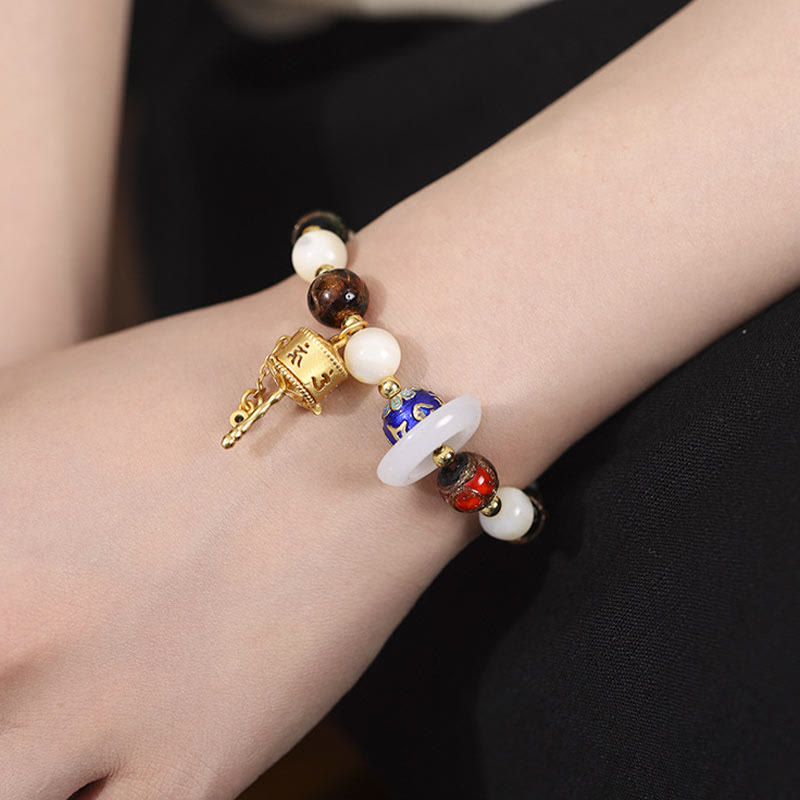 Buddha Stones Tibetan Incense Ash Liuli Glass Tridacna Stone Sun Stone Om Mani Padme Hum Prayer Wheel Charm Bracelet Bracelet BS 4