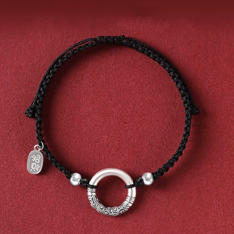 Buddha Stones 925 Sterling Silver Black Onyx Peace Buckle Fu Character Charm Bracelet Bracelet BS Peace Buckle&Silver Beads Attract Fortune Charm(Wrist Circumference 14-26cm)