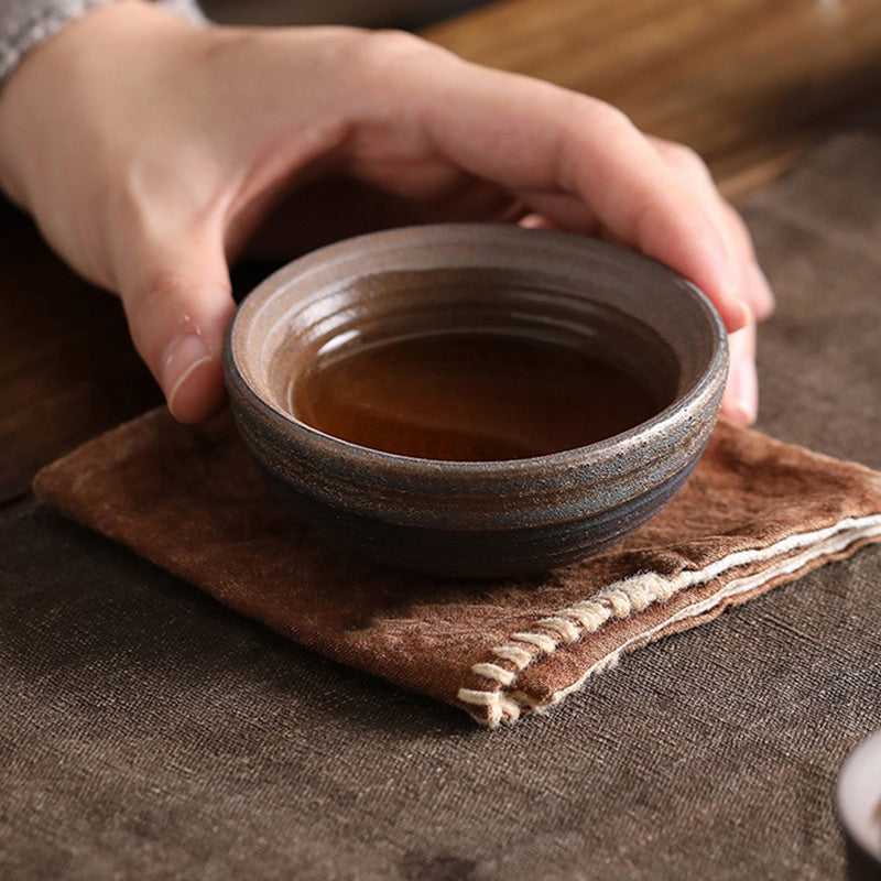 Buddha Stones Simple Brown Striped Texture Ceramic Teacup Kung Fu Tea Cup Bowl Cup BS 14