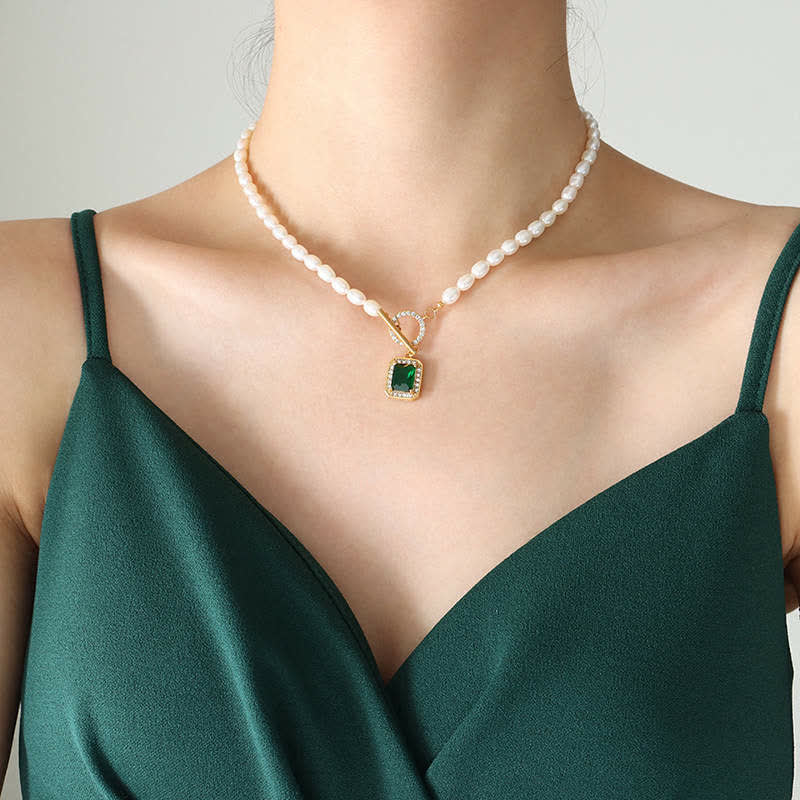 Buddha Stones Pearl Zircon Wealth Charm Necklace Pendant Necklaces & Pendants BS Green