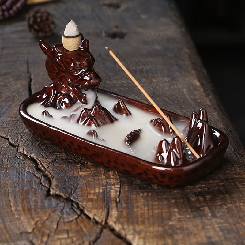 Buddha Stones Dragon Mountain Strength Ceramic Incense Burner Decoration Incense Burner BS Red