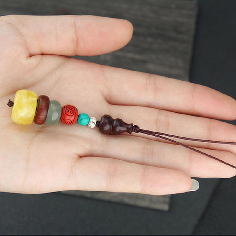 Buddha Stones Green Sandalwood Ebony Wood Gourd Seven Layer Pagoda Positive Phone Hanging Decoration Phone Hanging Decoration BS 14