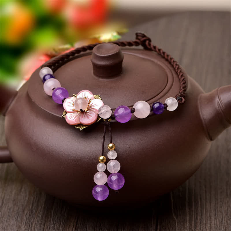 Buddha Stones Natural Amethyst Rose Quartz Crystal Charm Lucky Healing Anklet Anklet BS 1