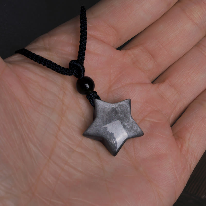 Buddha Stones Natural Silver Sheen Obsidian Star Crescent Moon Protection Necklace Pendant Necklaces & Pendants BS 6