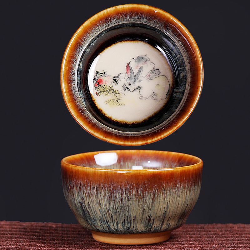 Buddha Stones 12 Chinese Zodiac Pattern Ceramic Teacup Kung Fu Jian Chinese Zhan Tea Cup 73ml Jian Zhan Tea Cup BS Rabbit 6.8cm*3.6cm*73ml