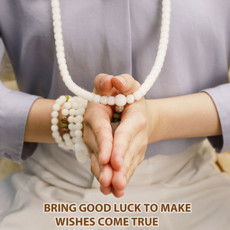 Buddha Stones White Jade Bodhi Lotus Mala Harmony Necklace Bracelet Bracelet BS 16