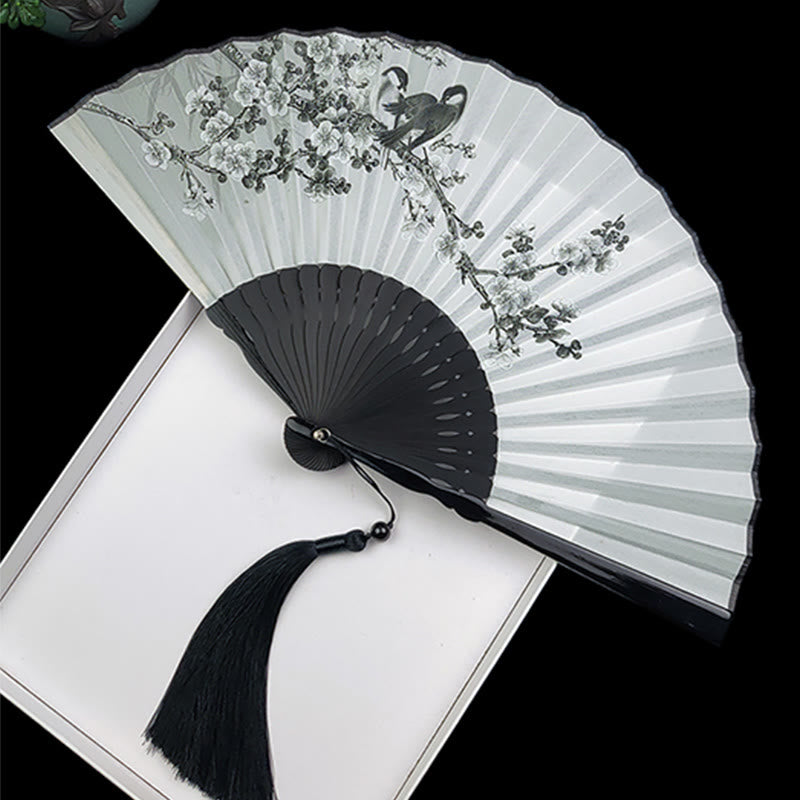 Buddha Stones Vintage Bamboo Peony Butterfly Lotus Handheld Silk Folding Fan With Bamboo Frames Folding Fan BS Birds Flowers