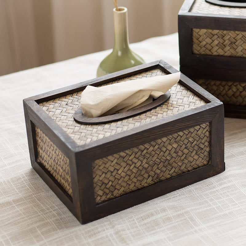 Buddha Stones Handmade Bamboo Woven Wood Tissue Box Wooden Tissue Holder Wipes Boxes Decoration Decorations BS 1