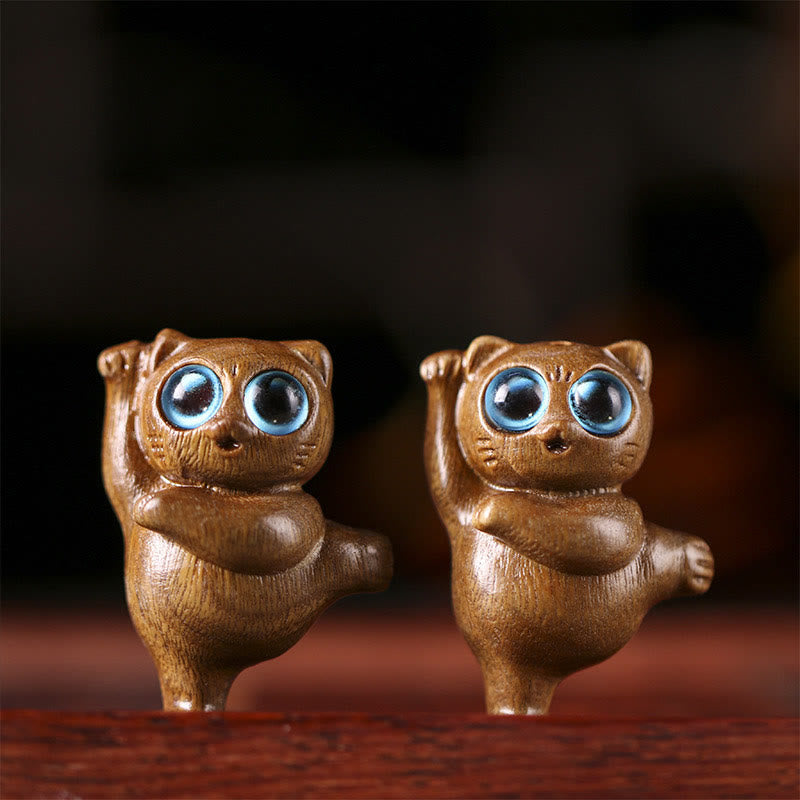 Buddha Stones Mini Green Sandalwood Dancing Cat Engraved Positive Desk Decorations Decorations BS 2
