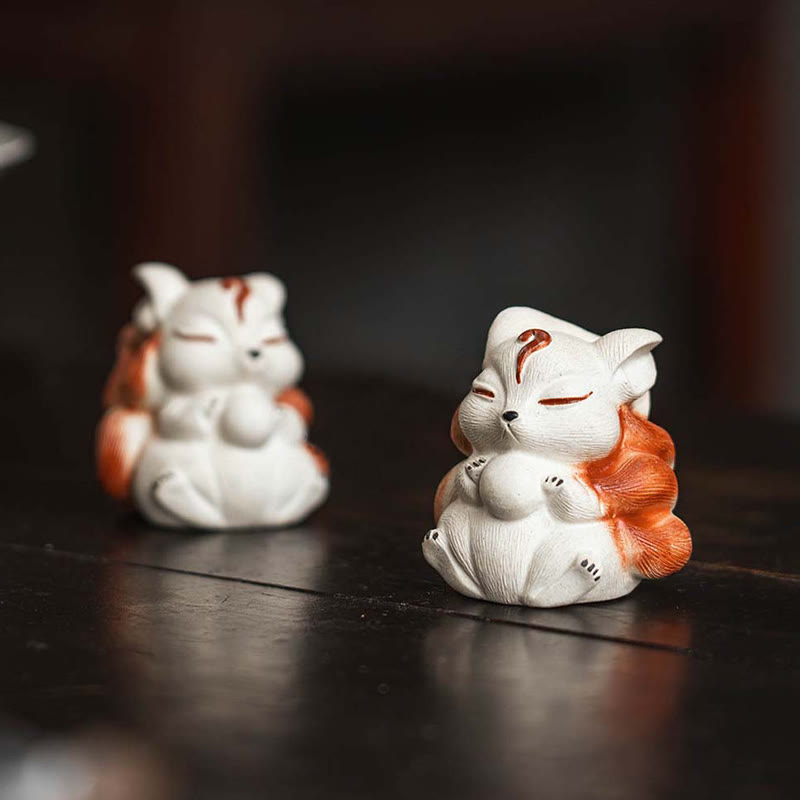 Buddha Stones Mini Nine-Tailed Fox Purple Clay Luck Desk Decoration Decorations BS 11