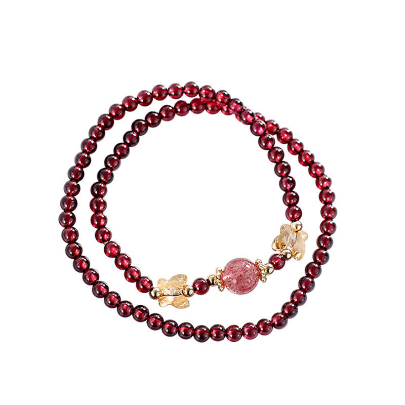 Buddha Stones 14K Gold Plated Natural Garnet Strawberry Quartz Butterfly Protection Double Wrap Bracelet Bracelet BS 10