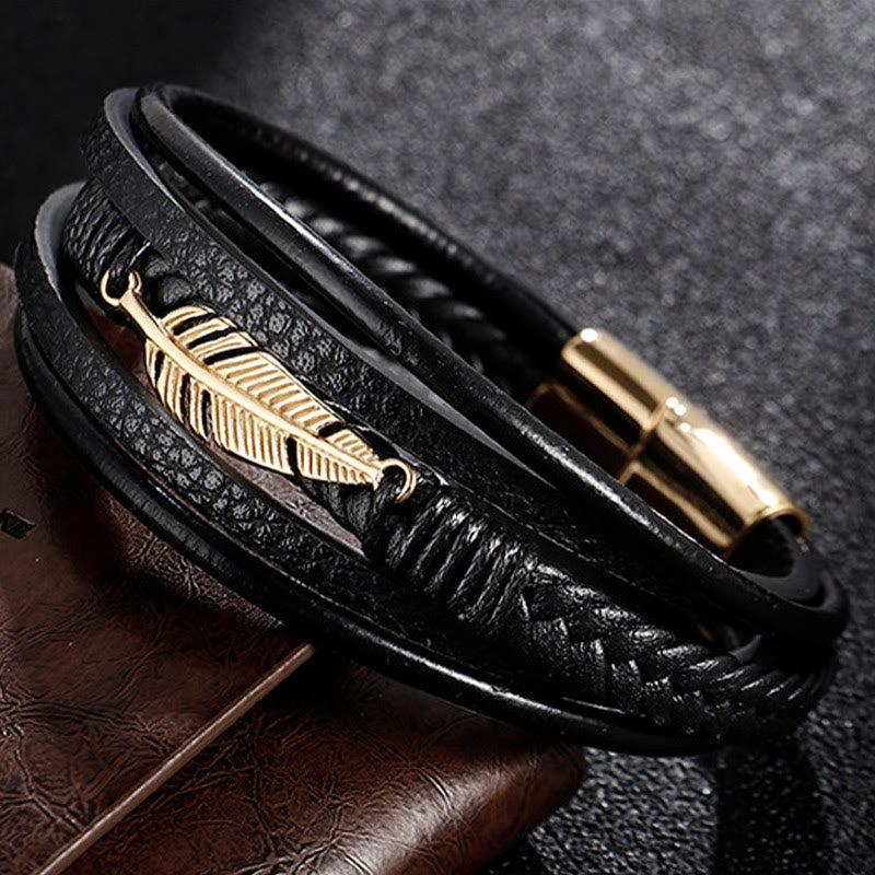 Buddha Stones Feather Pattern Multilayer Leather Titanium Steel Calm Braided Magnetic Buckle Bracelet Bracelet BS 2