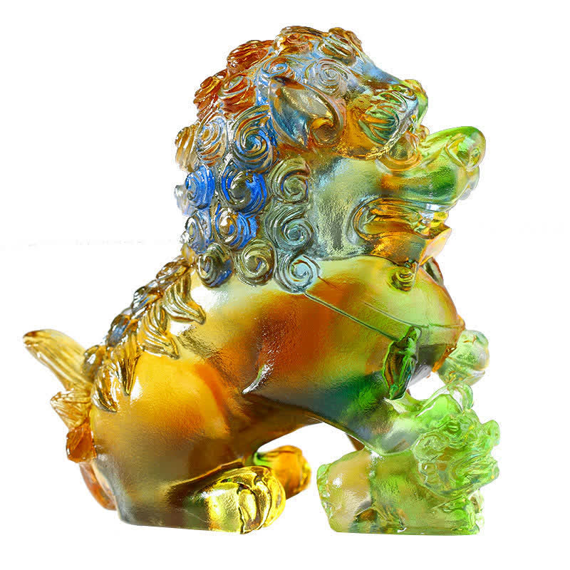 Buddha Stones Handmade Liuli Crystal Lion Art Piece Strength Home Office Decoration Decorations BS 3