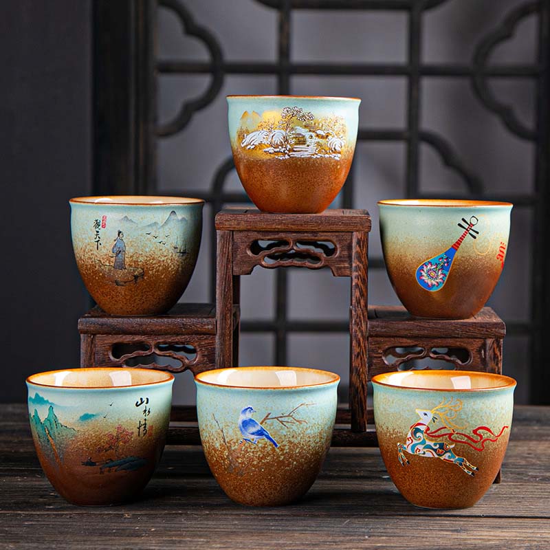 Buddha Stones Colorful Deer Pipa Snow Plum Blossoms Mountains Rivers Bird Ceramic Teacup Kung Fu Tea Cup Bowl Cup BS main