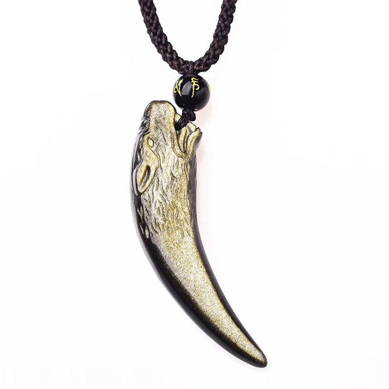 Buddha Stones Natural Black Obsidian Ice Obsidian Rainbow Obsidian Wolf Tooth Pattern Strength Necklace Pendant Necklaces & Pendants BS 23
