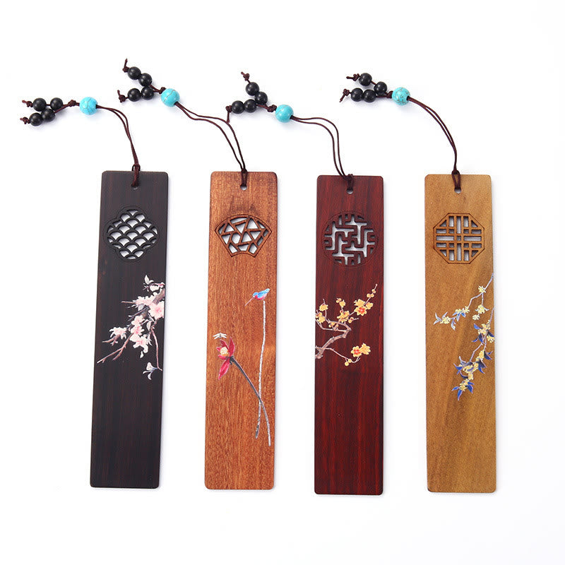 Buddha Stones 4Pcs Four Seasons Plum Orchid Bamboo Chrysanthemum Peking Opera Mask Wood Bookmarks With Gift Box Bookmarks BS 14