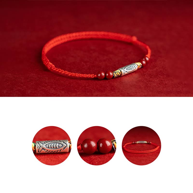 Buddha Stones 925 Sterling Silver Koi Fish Cinnabar Bead Wealth Handcrafted Braided Bracelet Anklet Bracelet Anklet BS 11