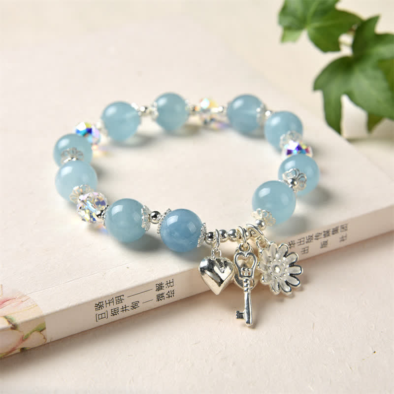 Buddha Stones 925 Sterling Silver Natural Aquamarine Serenity Flower Love Key Charm Bracelet Bracelet BS Aquamarine&925 Sterling Silver