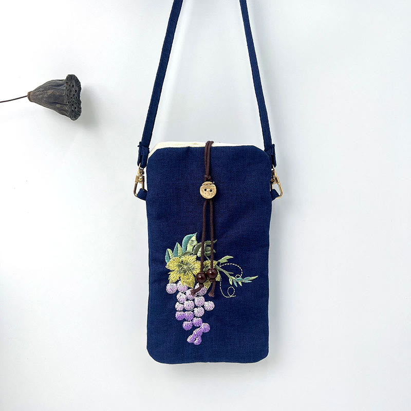 Buddha Stones Small Embroidered Flowers Crossbody Bag Shoulder Bag Cellphone Bag 11*20cm Crossbody Bag BS Dark Blue Grape 11*20cm