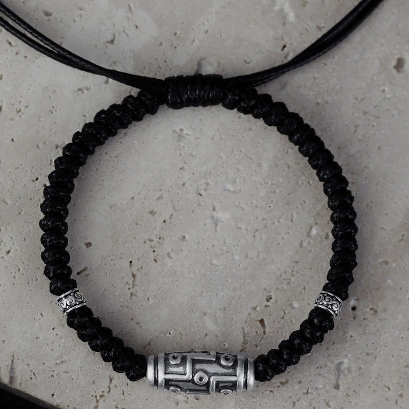 Buddha Stones 999 Sterling Silver Nine-Eye Dzi Bead Pattern Blessing Rope Bracelet Bracelet BS 15