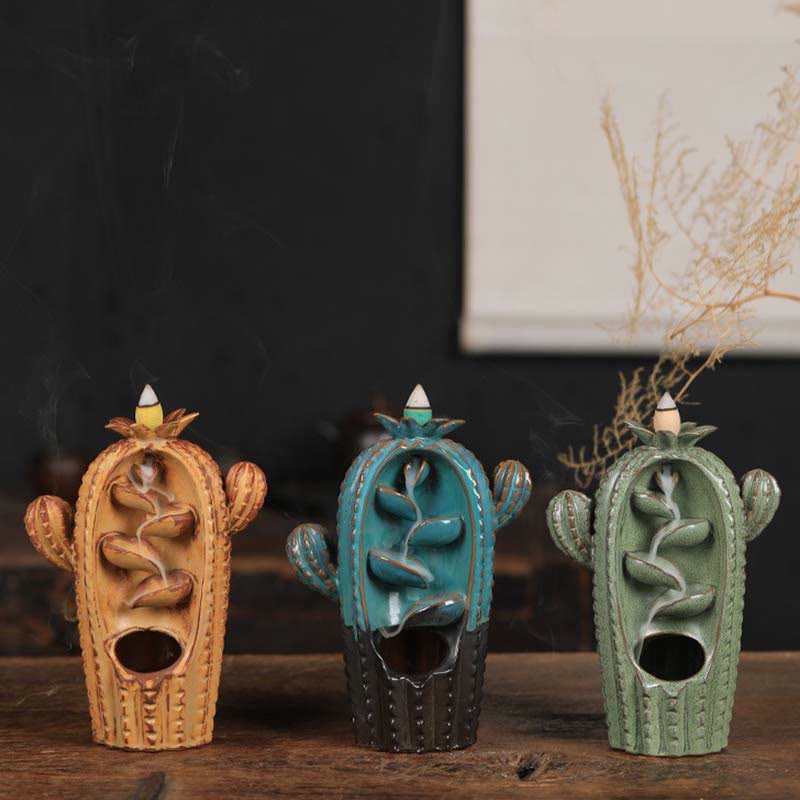 Buddha Stones Cactus Ceramic Healing Backflow Smoke Fountain Incense Burner Incense Burner BS 9