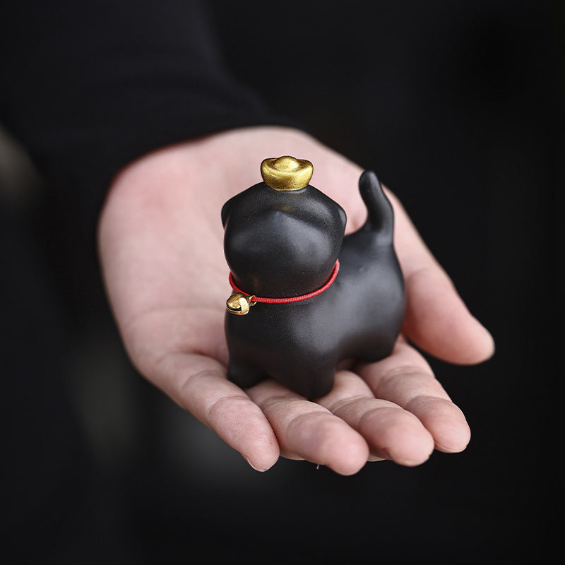Buddha Stones Mini Lucky Cat Ingot Tea Pet Ceramic Home Desk Figurine Decoration Decorations BS Lucky Cat Black 5.5*3.2*6cm