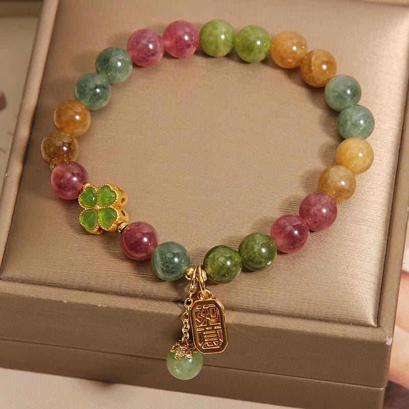 Buddha Stones Tourmaline Jade Colorful Four-leaf Clover Positive Bracelet Bracelet BS 3