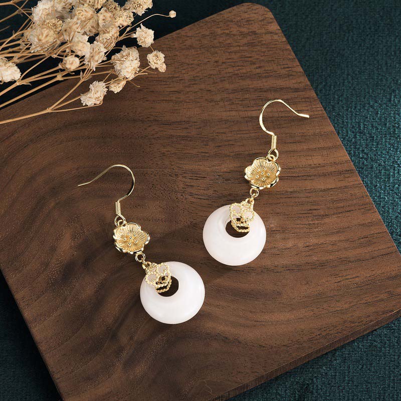 Buddha Stones FengShui White Jade Blessing Drop Earrings Earrings BS 21