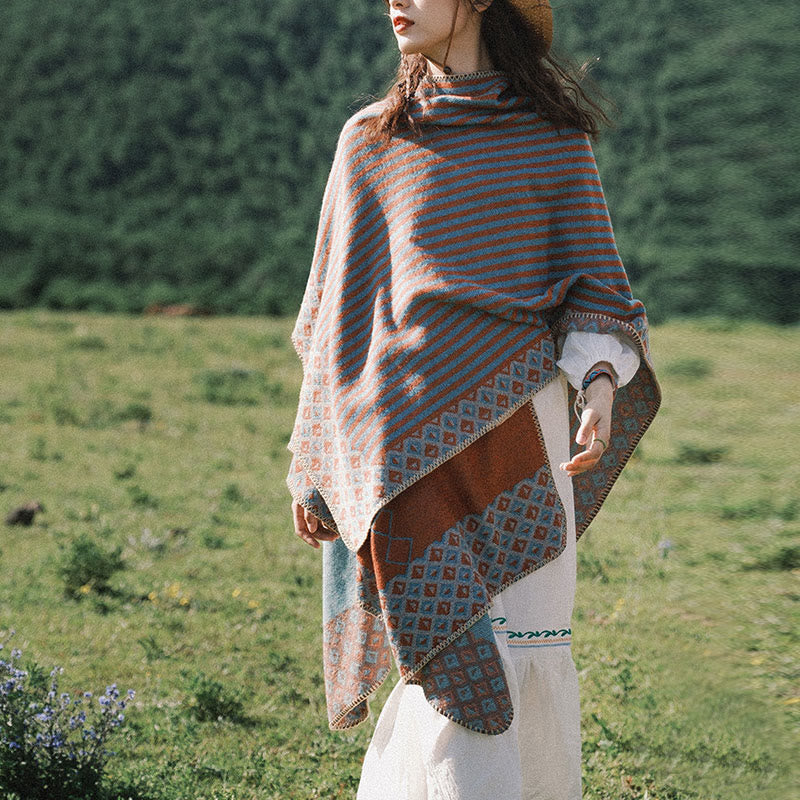 Buddha Stones Tibetan Shawl Striped Diamond Pattern Winter Warm Soft Scarf Tibetan Shawl BS 10