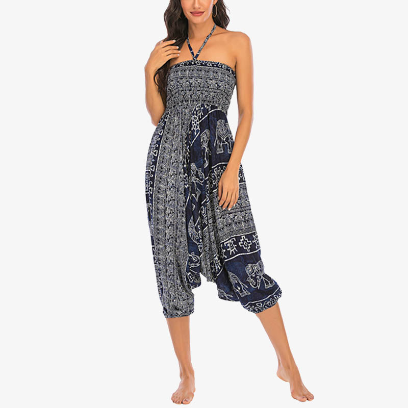 Buddha Stones Two Style Wear Elephant Pattern Loose Smocked Harem Trousers Jumpsuit Women's Yoga Pants Harem Pants&Bodysuit BS 38
