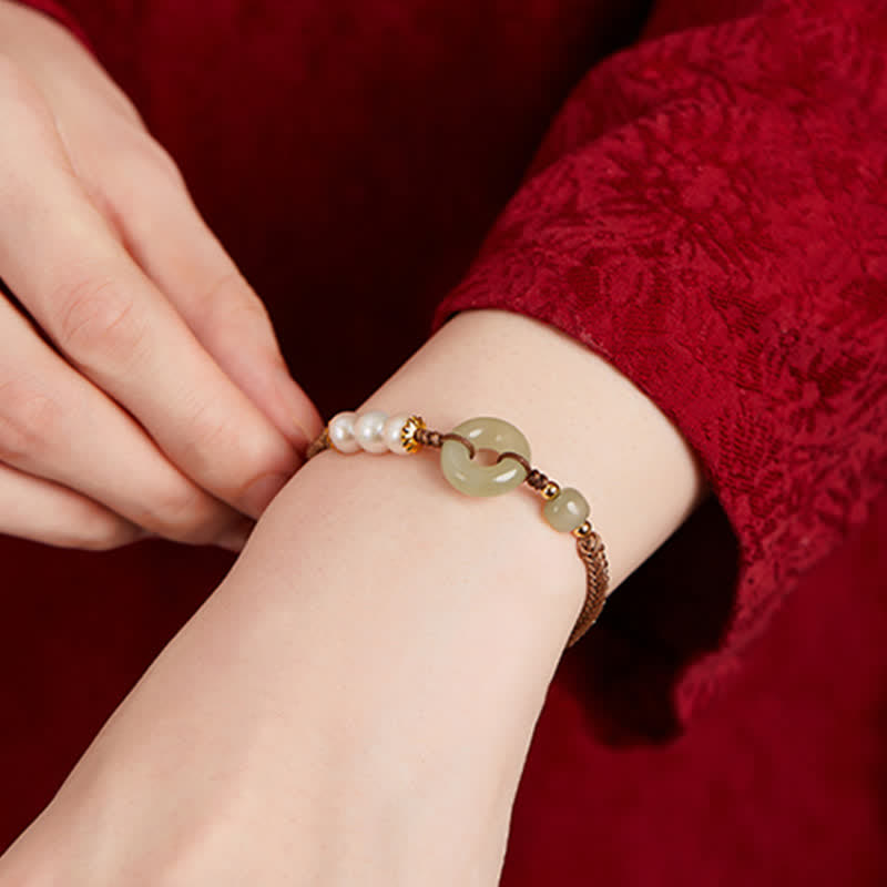 Buddha Stones Natural Hetian Jade Pearl Peace Buckle Luck Bracelet - image 3