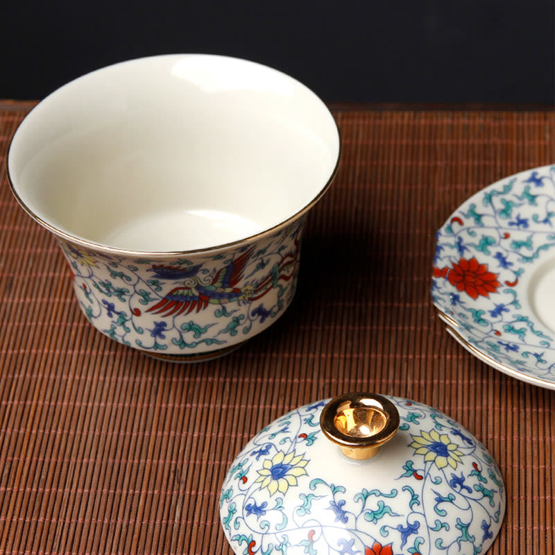 Buddha Stones Retro Plum Blossom Pine Bamboo Phoenix Kirin Ceramic Gaiwan Sancai Teacup Kung Fu Tea Cup and Saucer with Lid Cup BS 7