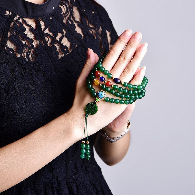 Buddha Stones 108 Mala Beads Natural Green Agate Power Support Bracelet - image 2