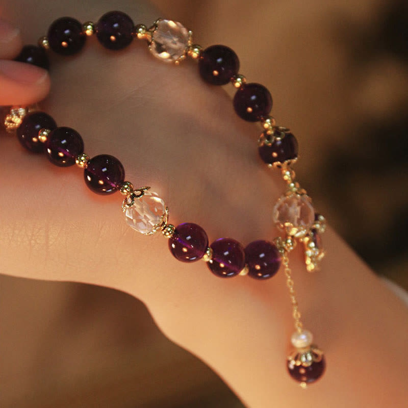 Buddha Stones 14k Gold Plated Natural Amethyst Healing Maple Leaf Charm Bracelet Bracelet BS 6