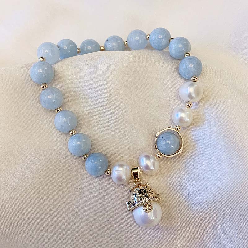 Buddha Stones Aquamarine Pearl Peace Healing Lucky Cat Charm Bracelet Bracelet BS Aquamarine