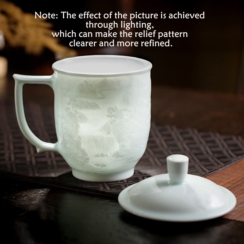 Buddha Stones Jingdezhen White Porcelain Handmade Great Wall Landscape Engraved Ceramic Teacup Office Mug Tea Cups Cup BS 12