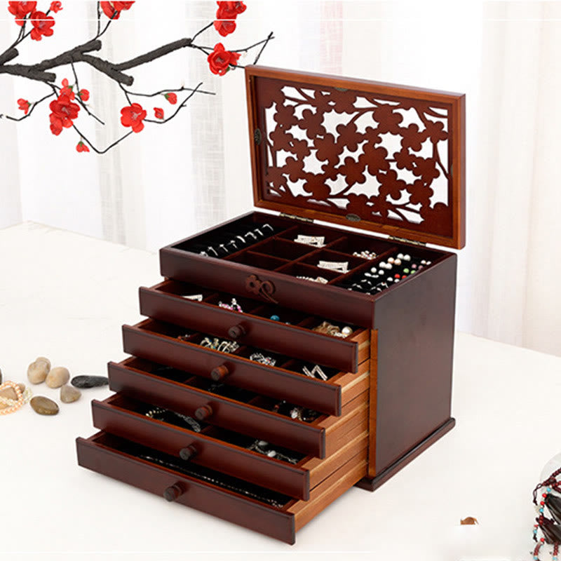 Buddha Stones Vintage Plum Blossom Carved Wooden Jewelry Box Six-Layer Jewelry Storage Box Jewelry Box BS 3