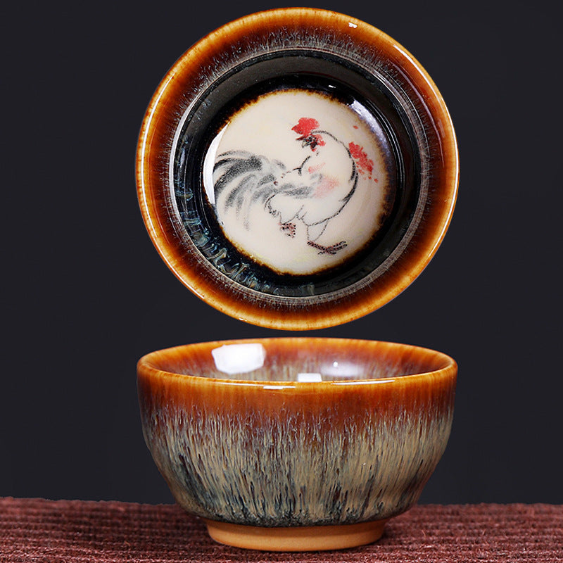 Buddha Stones 12 Chinese Zodiac Pattern Ceramic Teacup Kung Fu Jian Chinese Zhan Tea Cup 73ml Jian Zhan Tea Cup BS Rooster 6.8cm*3.6cm*73ml